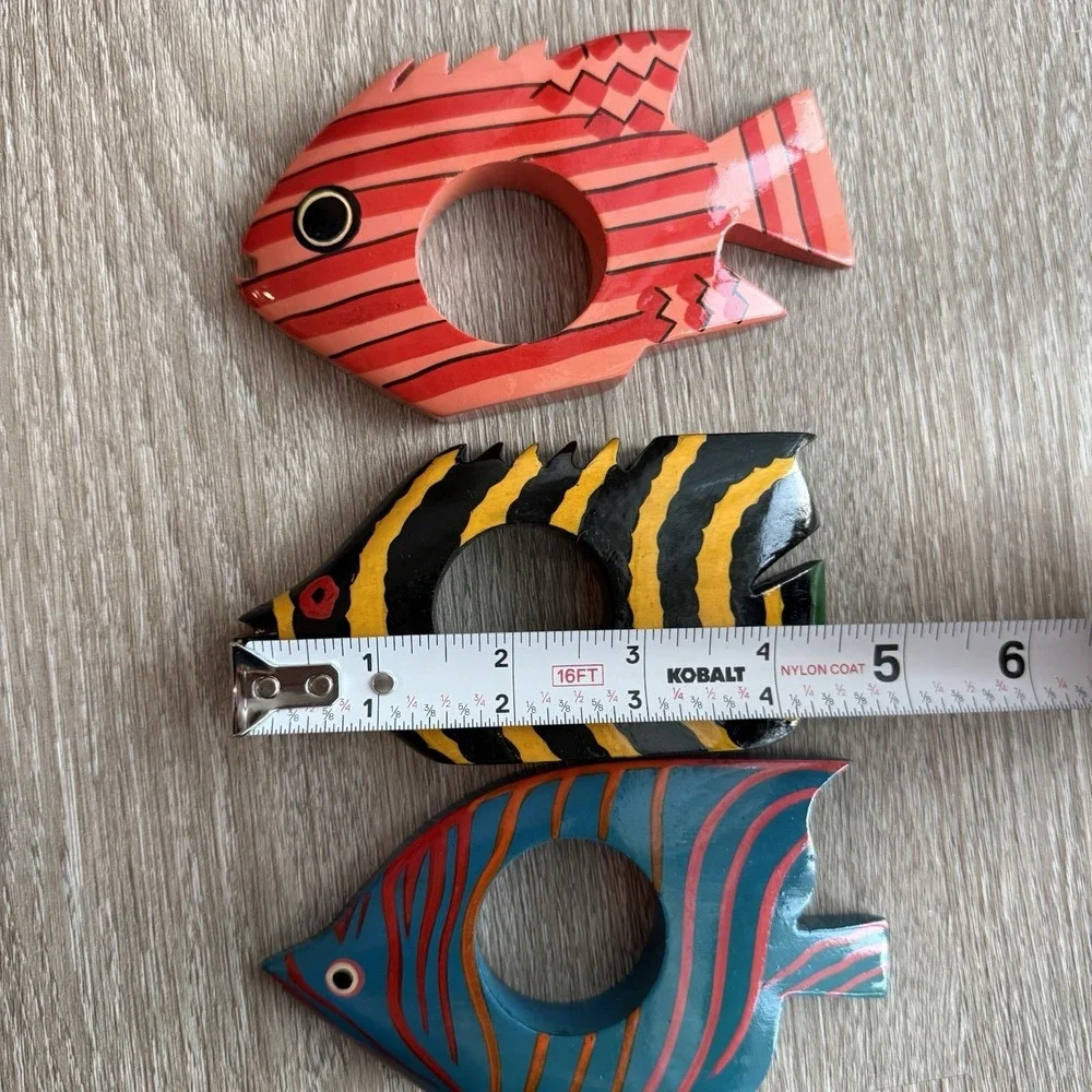 Set of 3 VTG Hand Carved Wooden Tropical Fish Napkin Rings Beach Coastal Decor